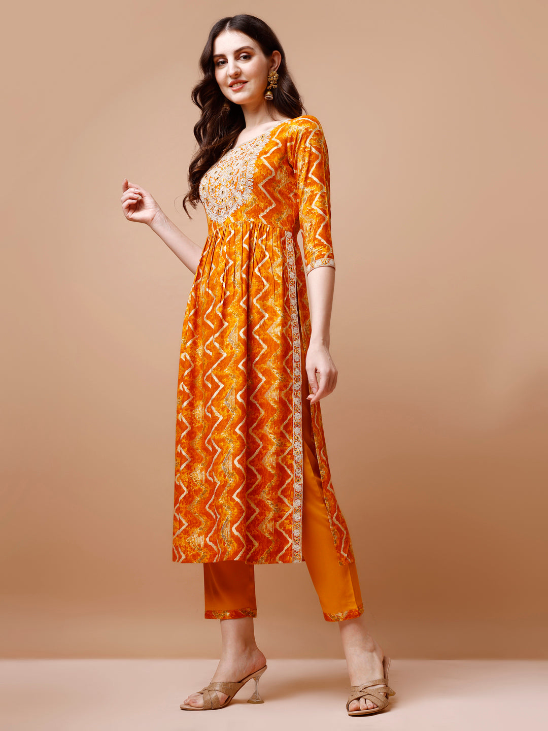 Nyra Cut Embroidered & Chevron Printed Kurta With Pant & Dupatta, Multicolor - Hiral Fashion
