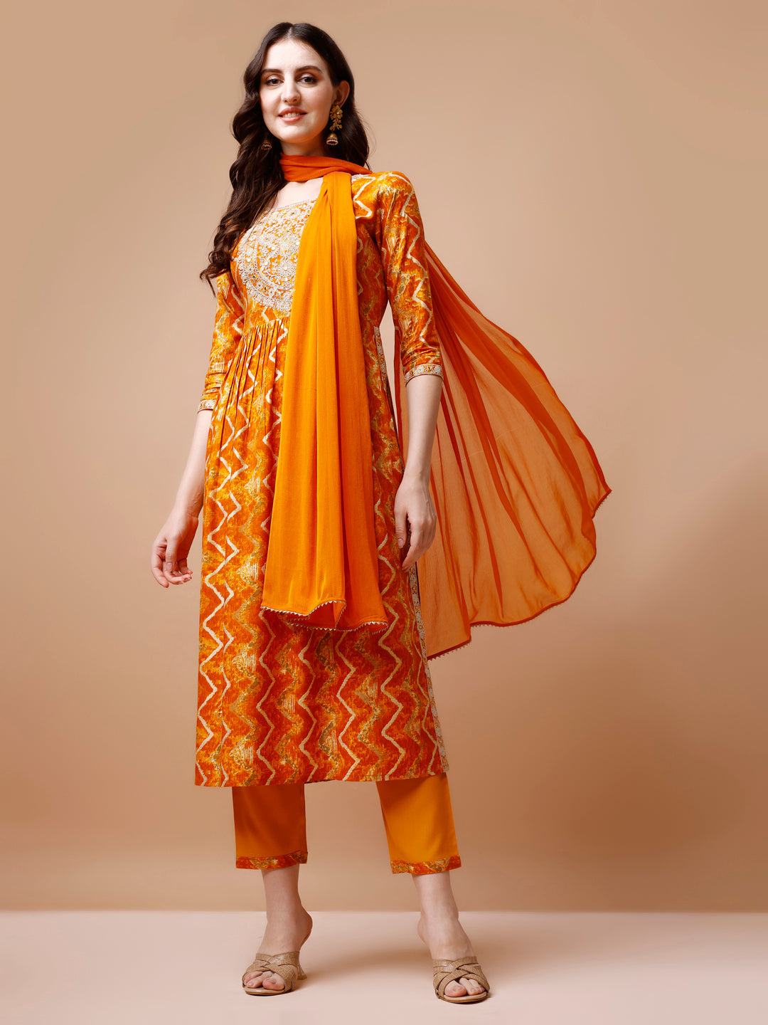 Nyra Cut Embroidered & Chevron Printed Kurta With Pant & Dupatta, Multicolor - Hiral Fashion