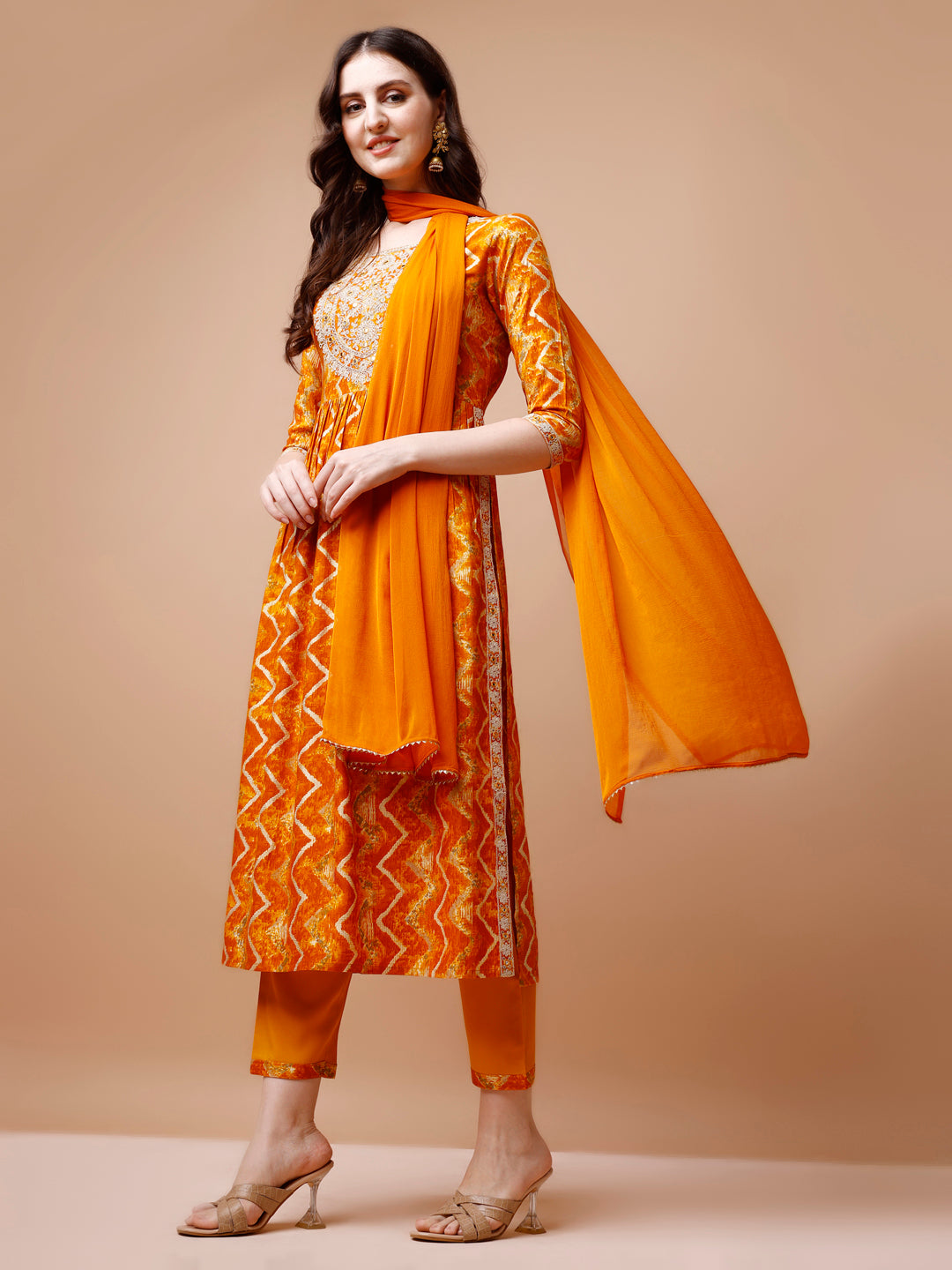 Nyra Cut Embroidered & Chevron Printed Kurta With Pant & Dupatta, Multicolor - Hiral Fashion