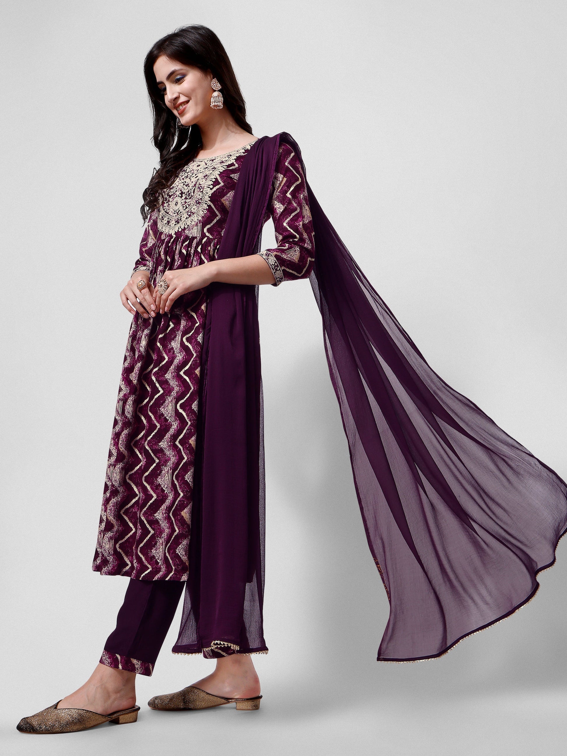 Nayra Cut Printed And Embroidered Kurta With Pant & Dupatta Set, Multicolor - Hiral Fashion