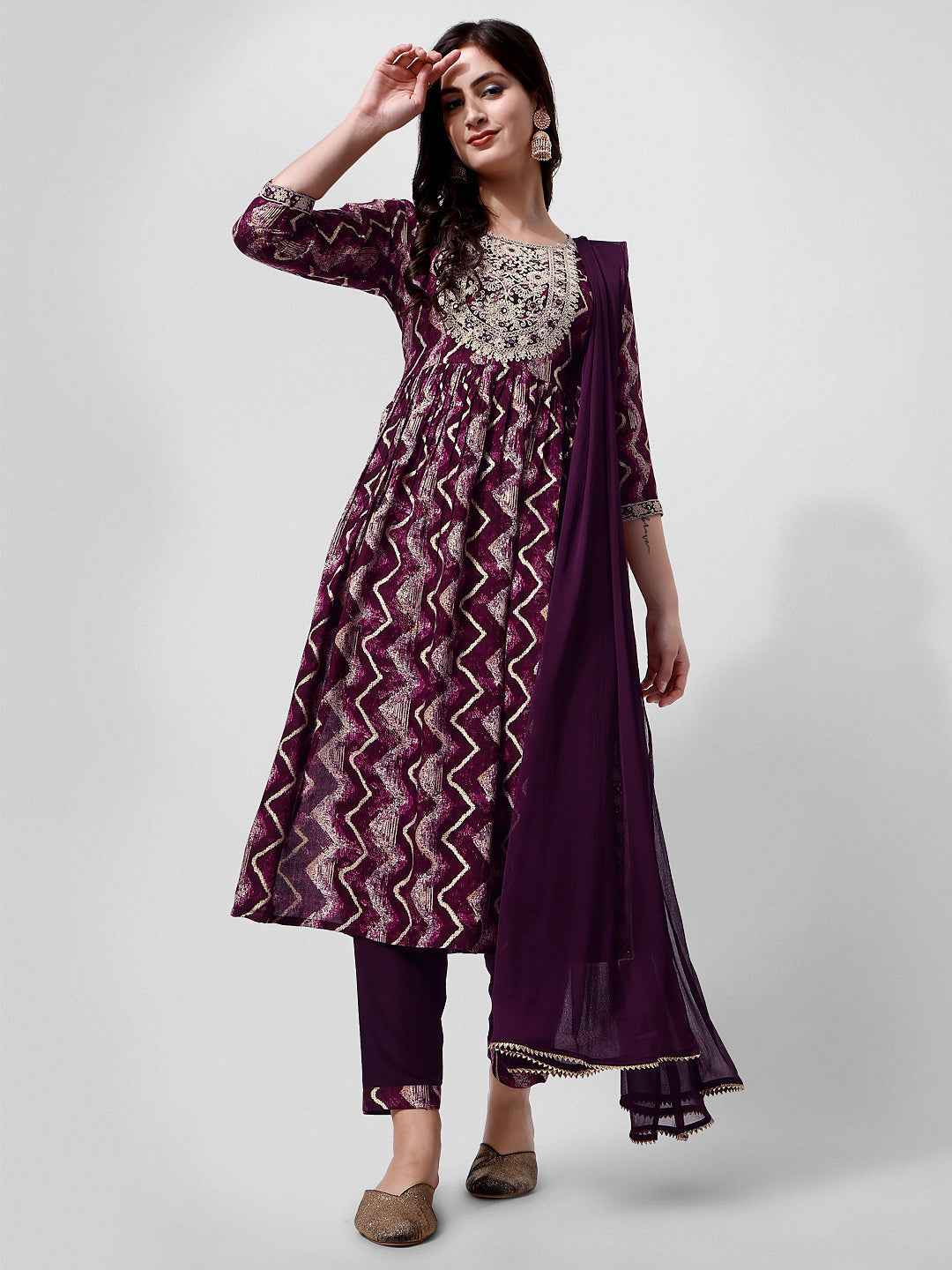 Nayra Cut Printed And Embroidered Kurta With Pant & Dupatta Set, Multicolor - Hiral Fashion