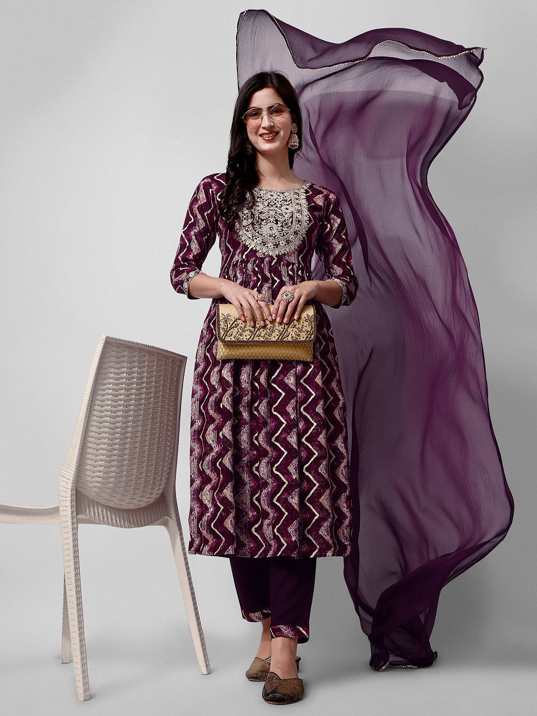 Nayra Cut Printed And Embroidered Kurta With Pant & Dupatta Set, Multicolor - Hiral Fashion