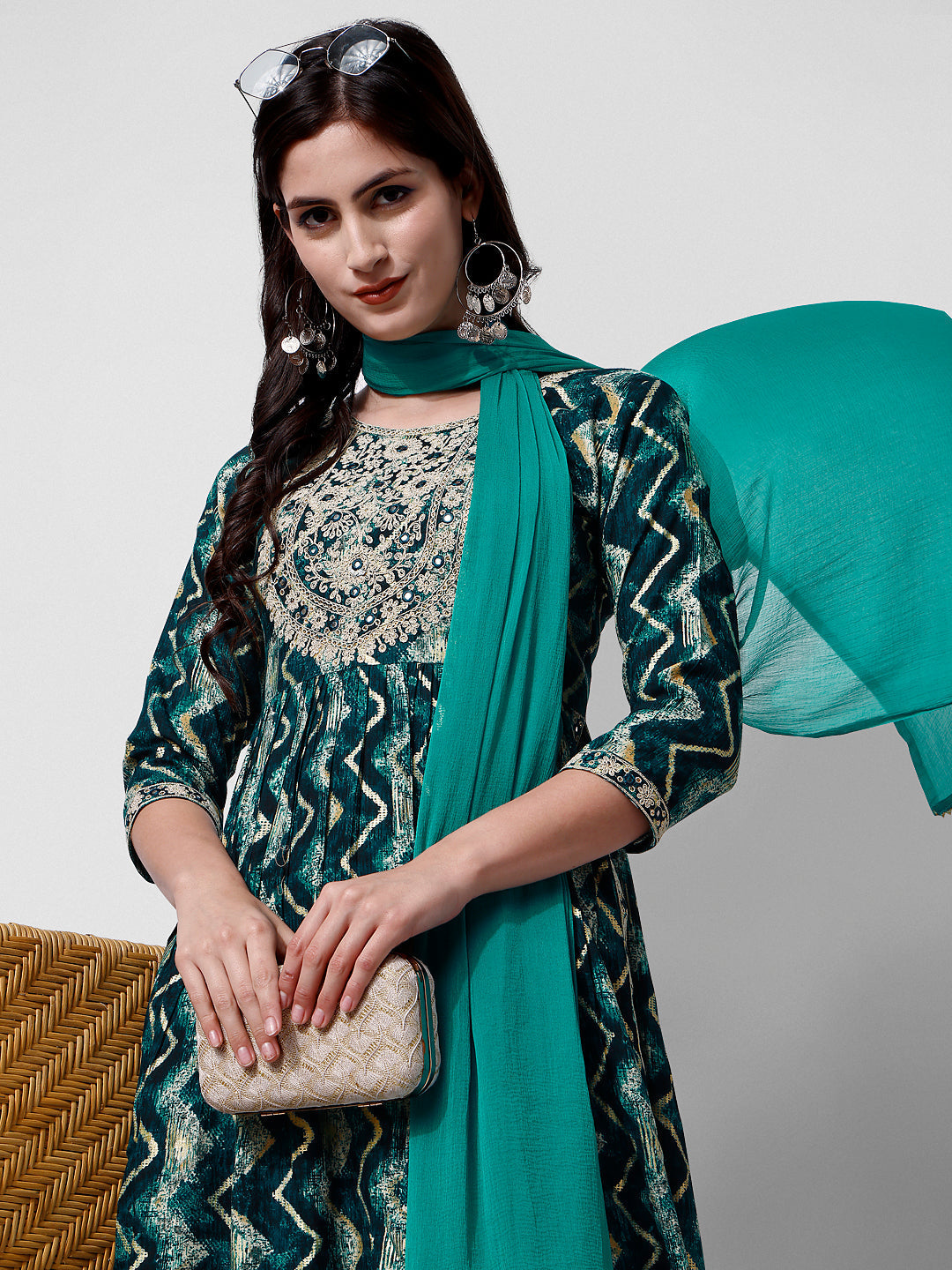 Nayra Cut Printed And Embroidered Kurta With Pant & Dupatta Set, Multicolor - Hiral Fashion