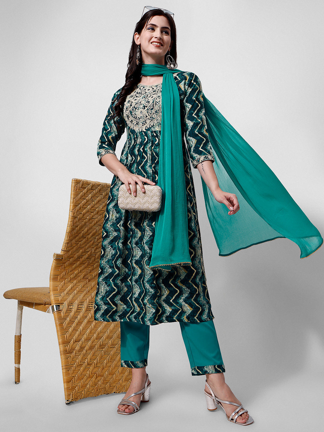 Nayra Cut Printed And Embroidered Kurta With Pant & Dupatta Set, Multicolor - Hiral Fashion