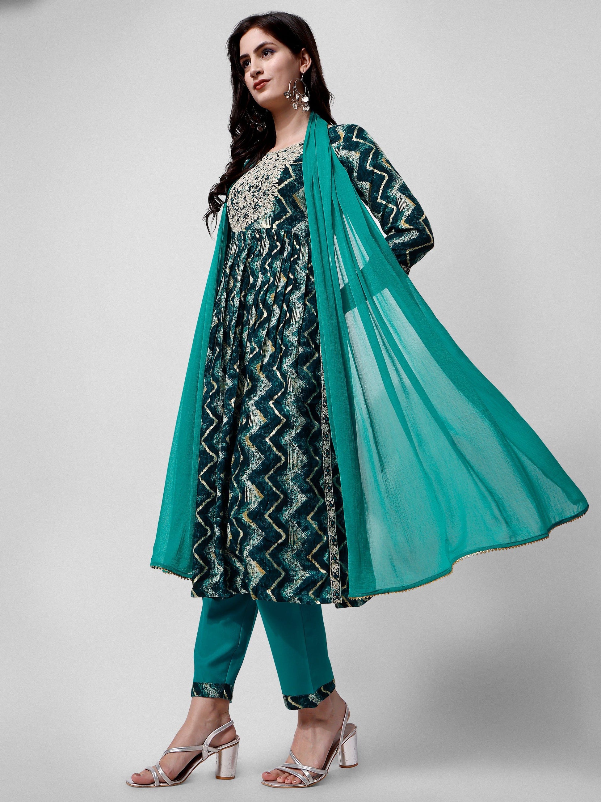 Nayra Cut Printed And Embroidered Kurta With Pant & Dupatta Set, Multicolor - Hiral Fashion