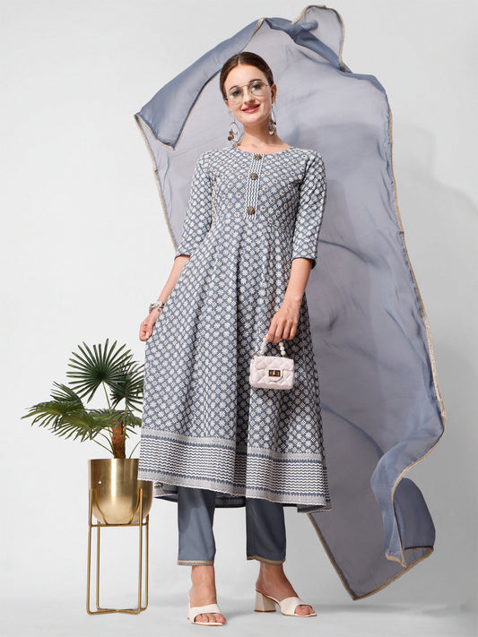 Lucknowi Embroidered Anarkali Kurta With Pant & Dupatta Set, Multicolor - Hiral Fashion