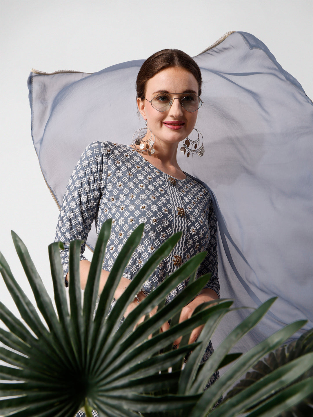 Lucknowi Embroidered Anarkali Kurta With Pant & Dupatta Set, Multicolor - Hiral Fashion