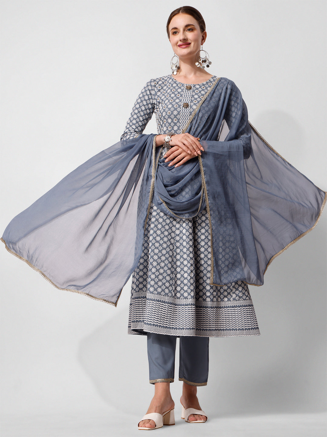 Lucknowi Embroidered Anarkali Kurta With Pant & Dupatta Set, Multicolor - Hiral Fashion