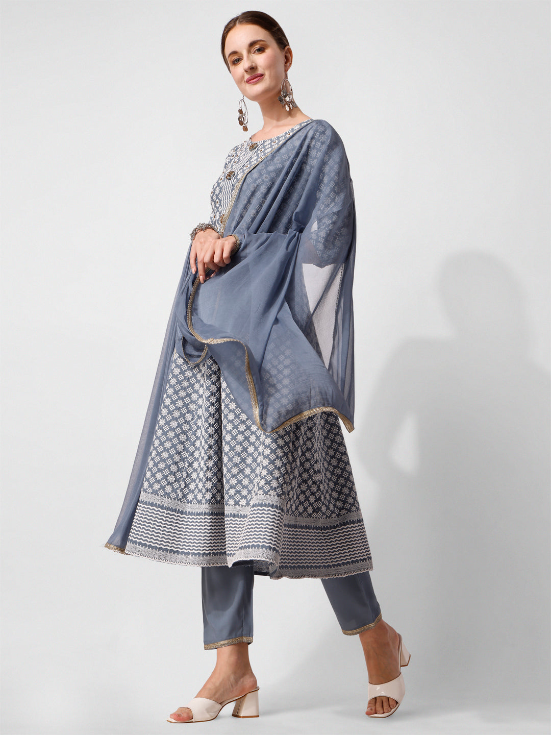 Lucknowi Embroidered Anarkali Kurta With Pant & Dupatta Set, Multicolor - Hiral Fashion