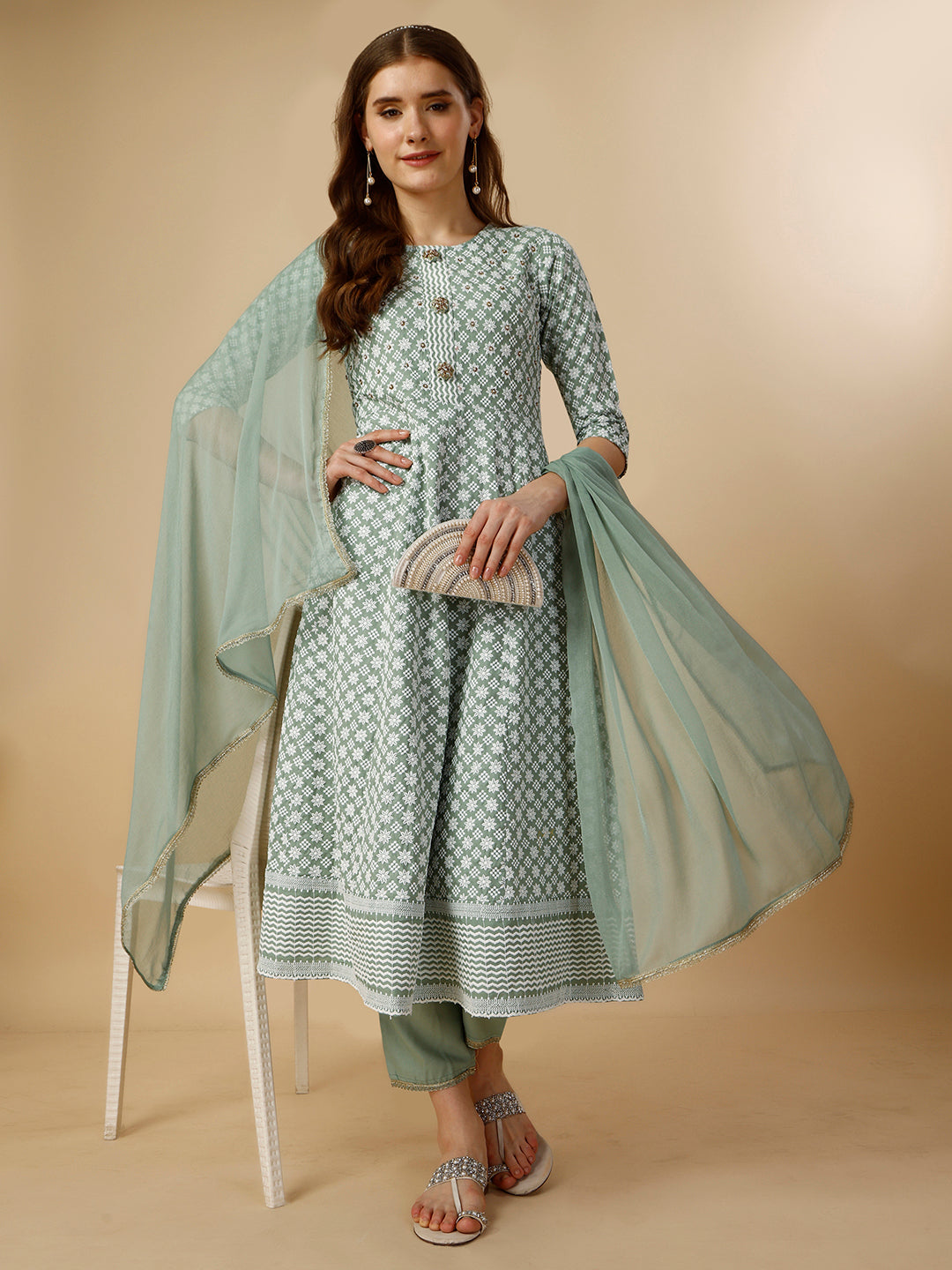 Lucknowi Embroidered Anarkali Kurta With Pant & Dupatta Set, Multicolor - Hiral Fashion