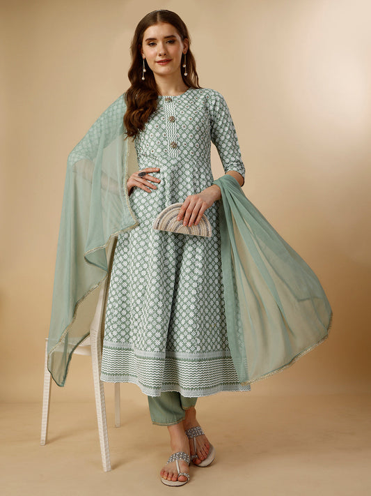 Lucknowi Embroidered Anarkali Kurta With Pant & Dupatta Set, Multicolor - Hiral Fashion
