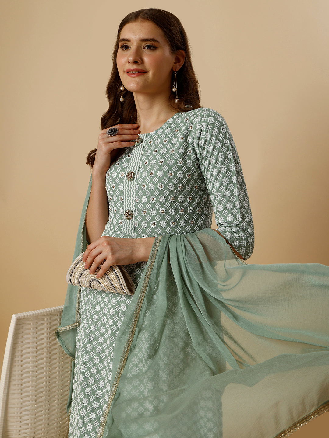 Lucknowi Embroidered Anarkali Kurta With Pant & Dupatta Set, Multicolor - Hiral Fashion