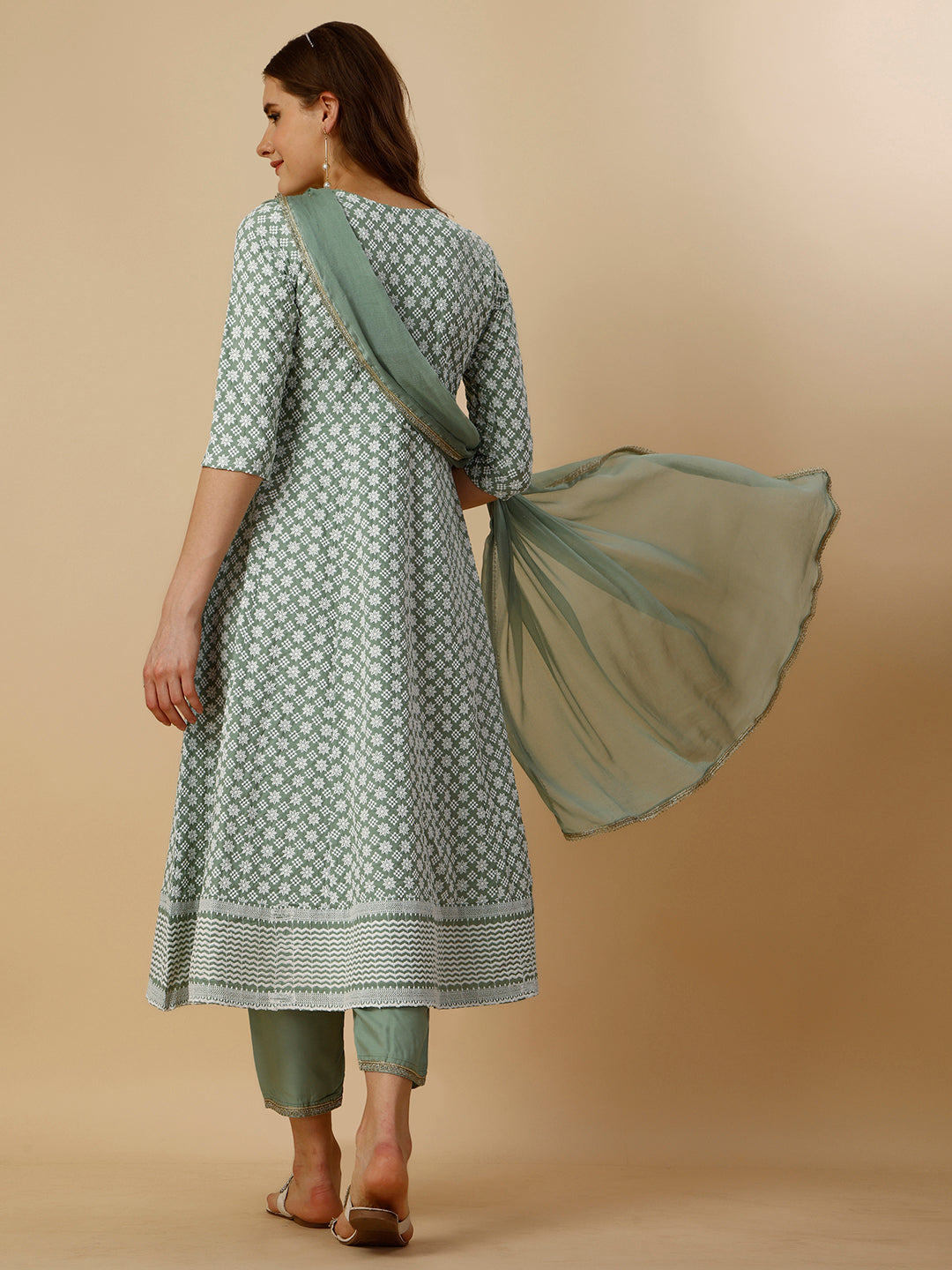 Lucknowi Embroidered Anarkali Kurta With Pant & Dupatta Set, Multicolor - Hiral Fashion