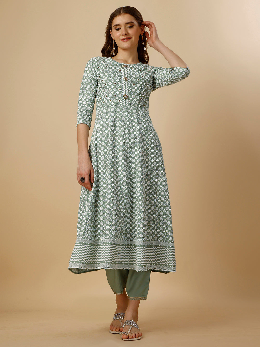 Lucknowi Embroidered Anarkali Kurta With Pant & Dupatta Set, Multicolor - Hiral Fashion