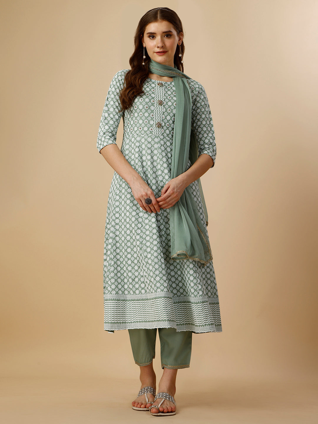 Lucknowi Embroidered Anarkali Kurta With Pant & Dupatta Set, Multicolor - Hiral Fashion