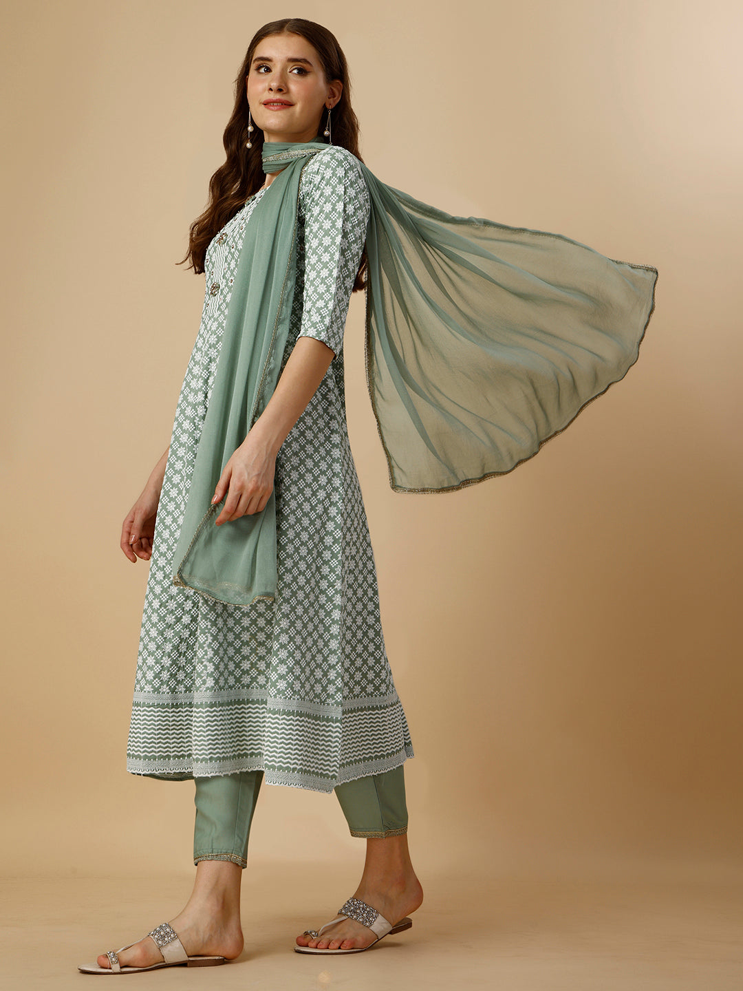Lucknowi Embroidered Anarkali Kurta With Pant & Dupatta Set, Multicolor - Hiral Fashion