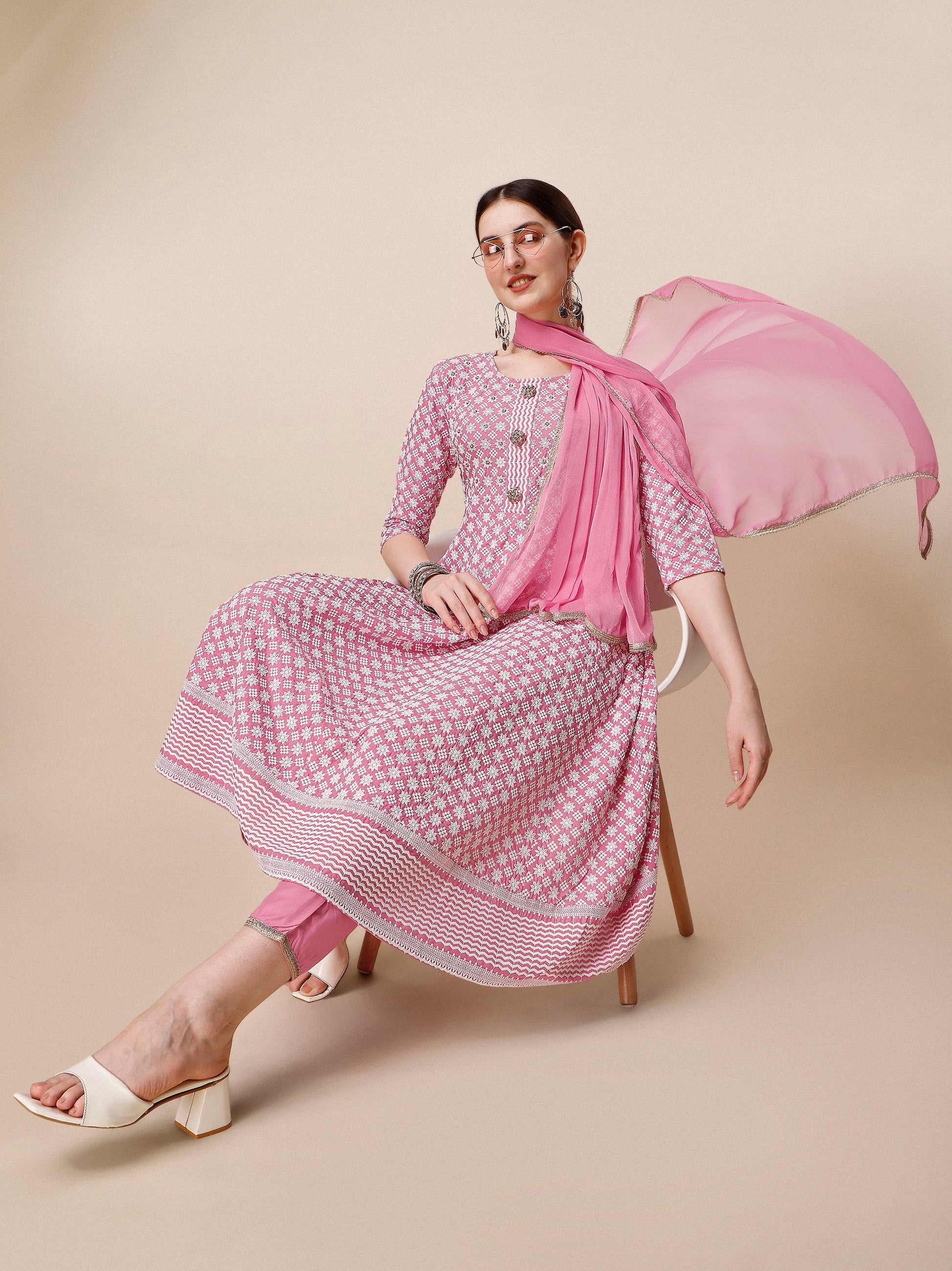 Lucknowi Embroidered Anarkali Kurta With Pant & Dupatta Set, Multicolor - Hiral Fashion