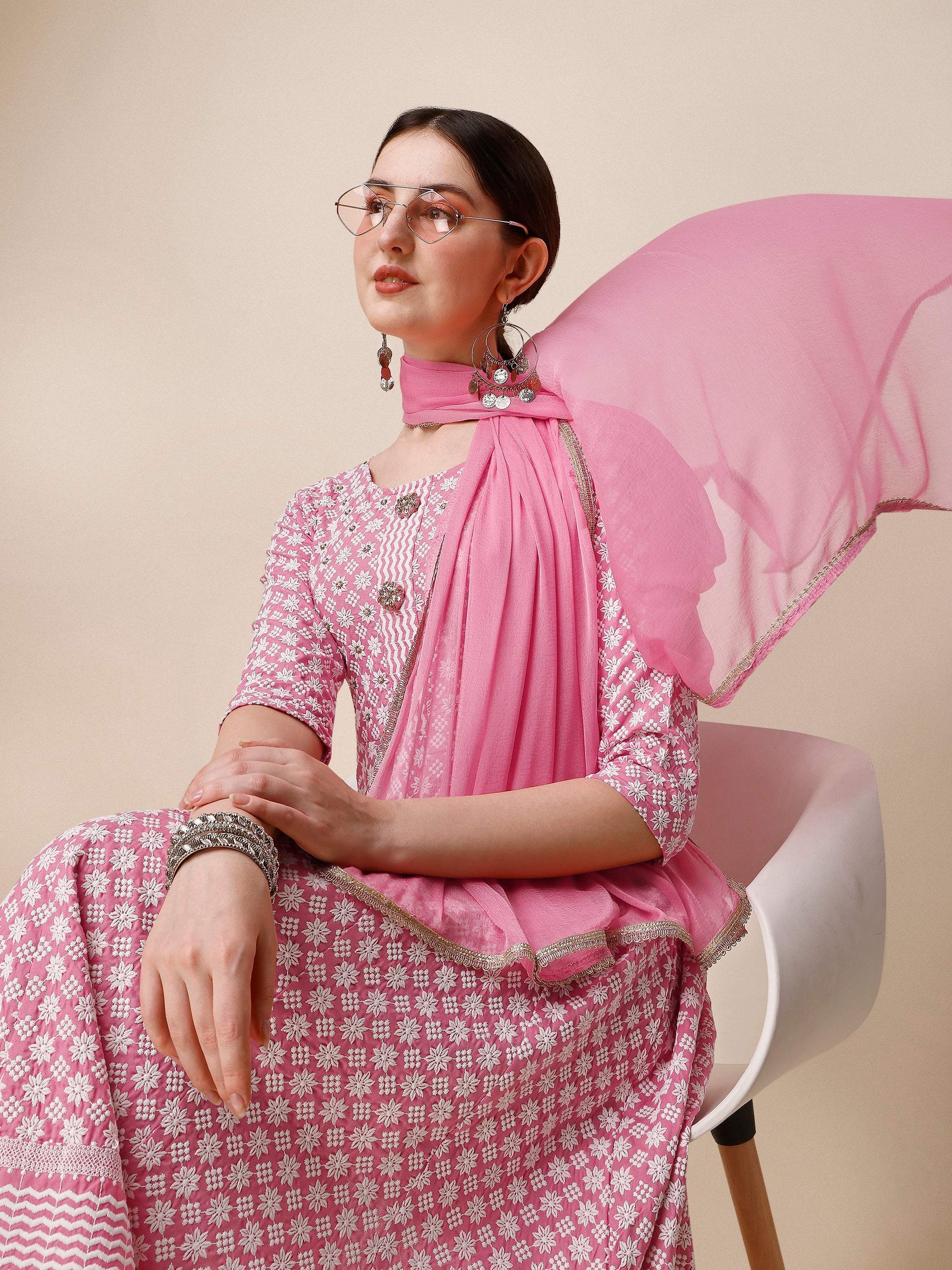 Lucknowi Embroidered Anarkali Kurta With Pant & Dupatta Set, Multicolor - Hiral Fashion