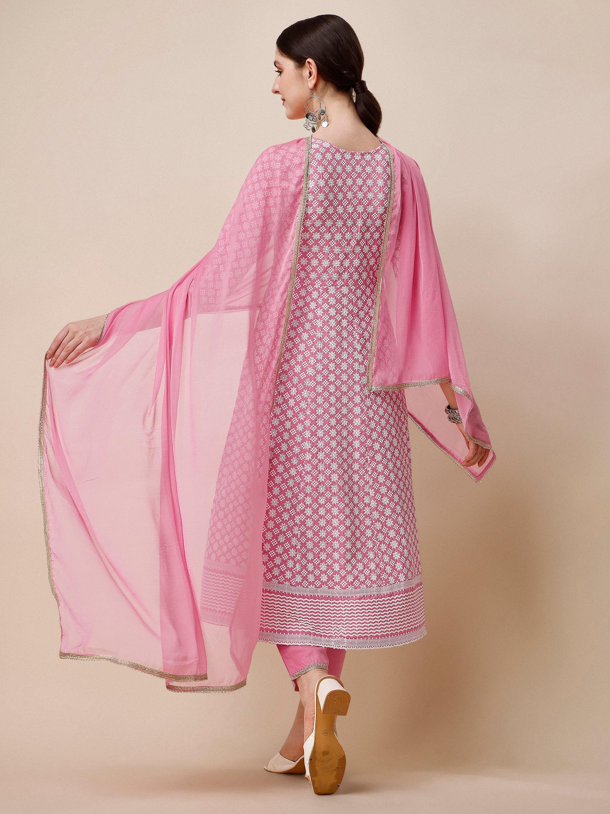 Lucknowi Embroidered Anarkali Kurta With Pant & Dupatta Set, Multicolor - Hiral Fashion