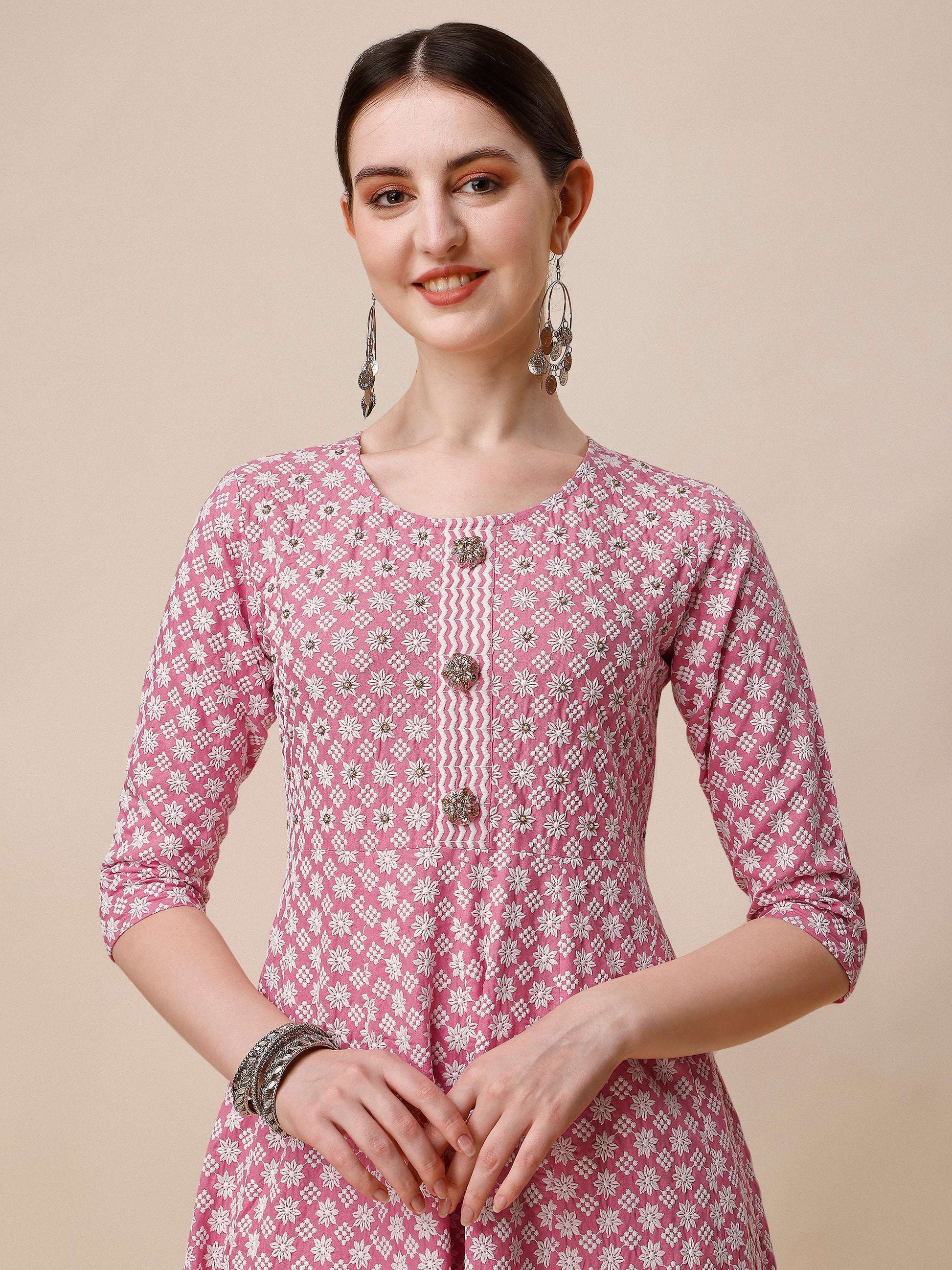 Lucknowi Embroidered Anarkali Kurta With Pant & Dupatta Set, Multicolor - Hiral Fashion