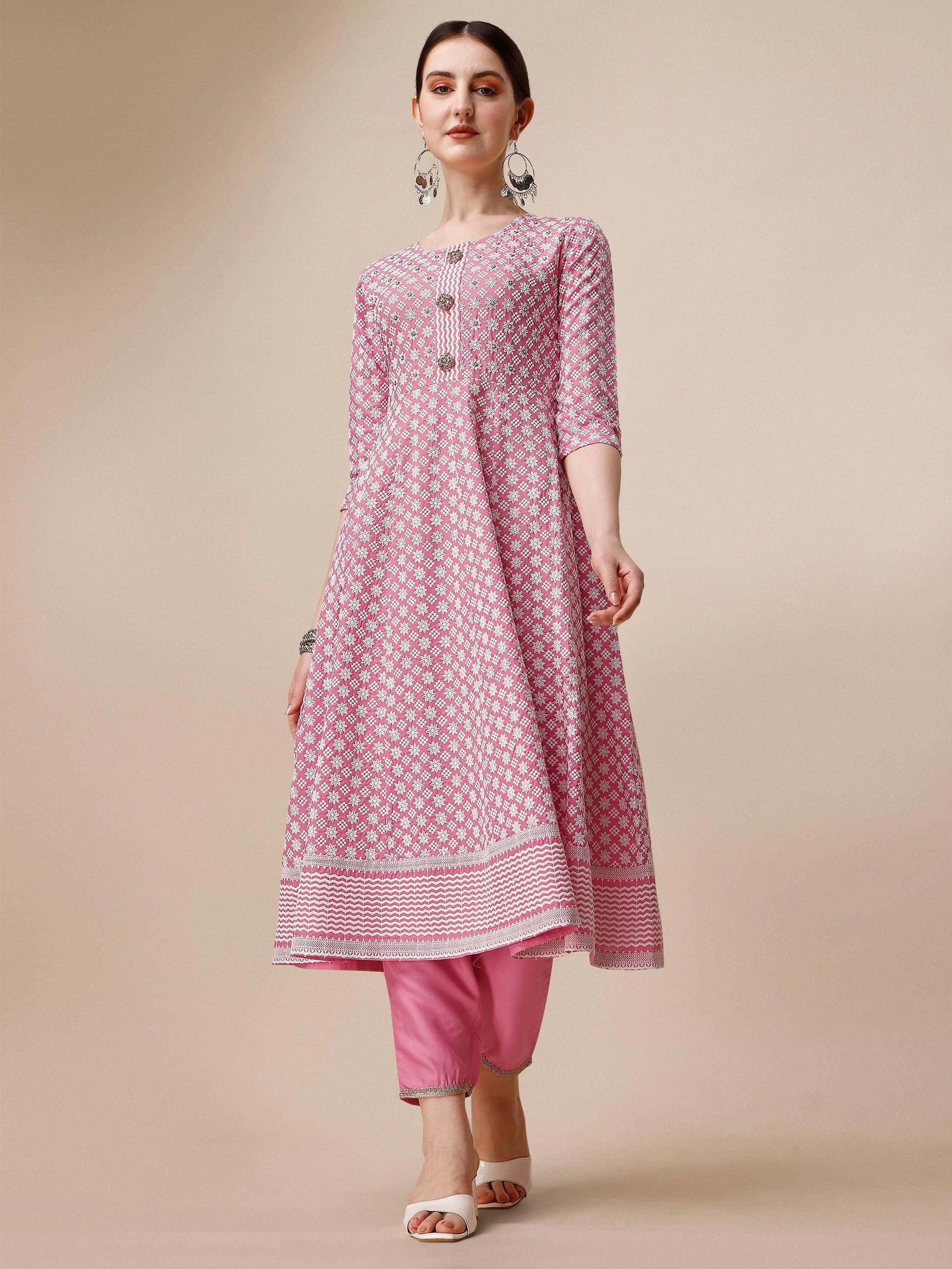 Lucknowi Embroidered Anarkali Kurta With Pant & Dupatta Set, Multicolor - Hiral Fashion