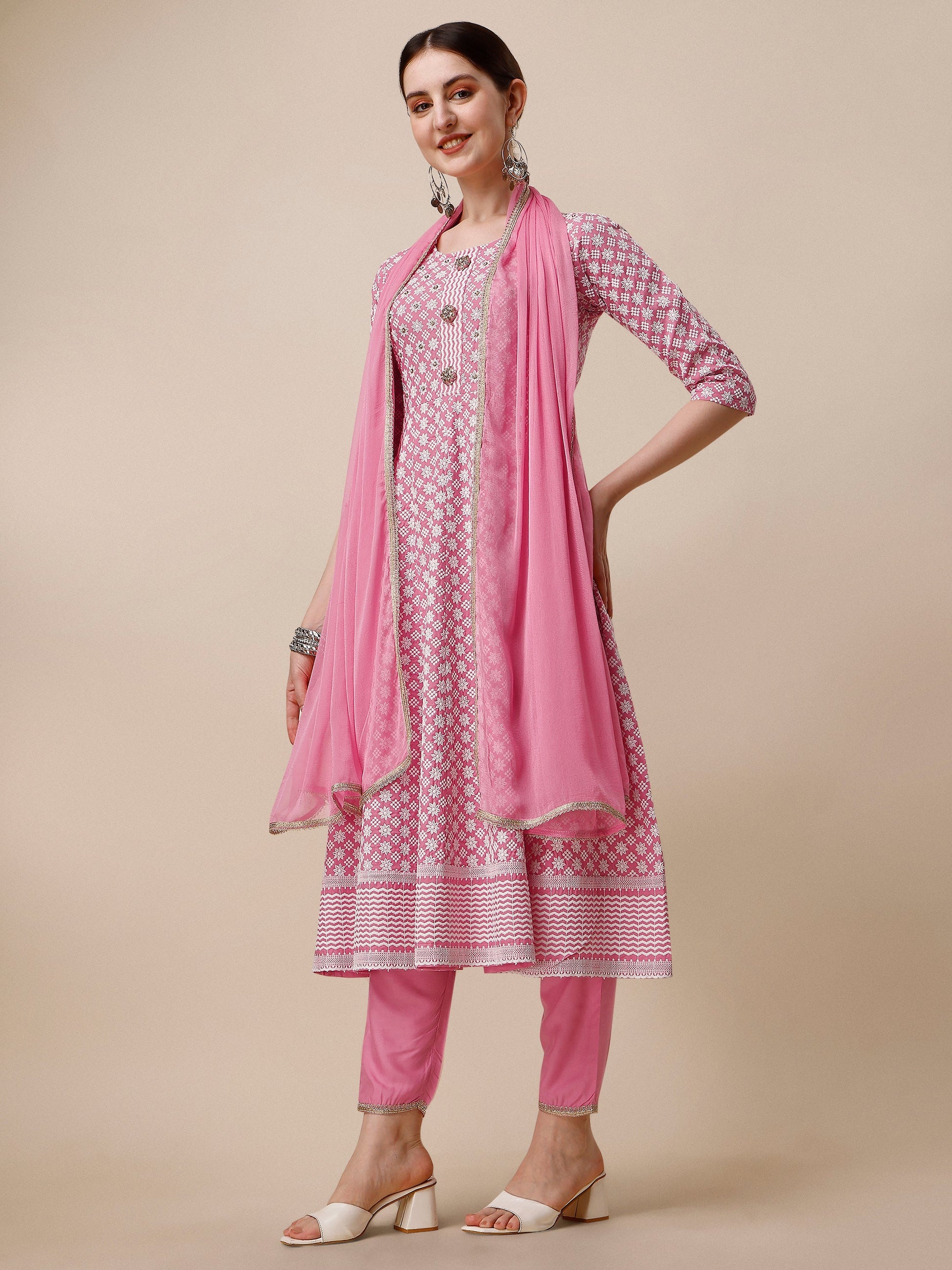Lucknowi Embroidered Anarkali Kurta With Pant & Dupatta Set, Multicolor - Hiral Fashion