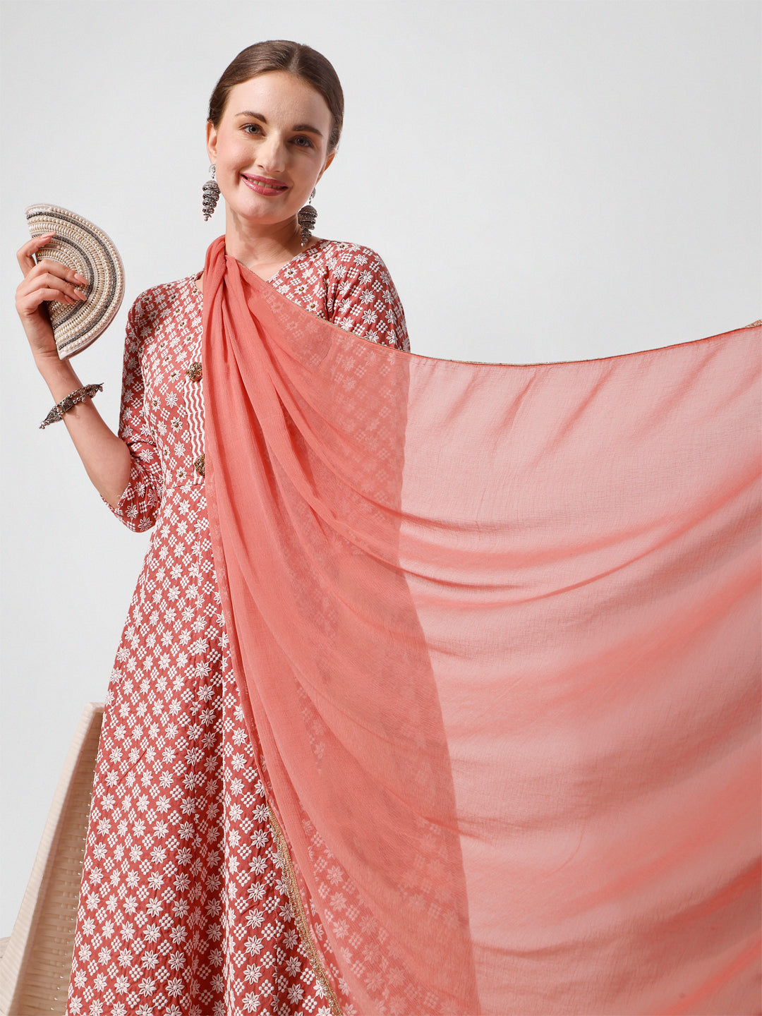 Lucknowi Embroidered Anarkali Kurta With Pant & Dupatta Set, Multicolor - Hiral Fashion