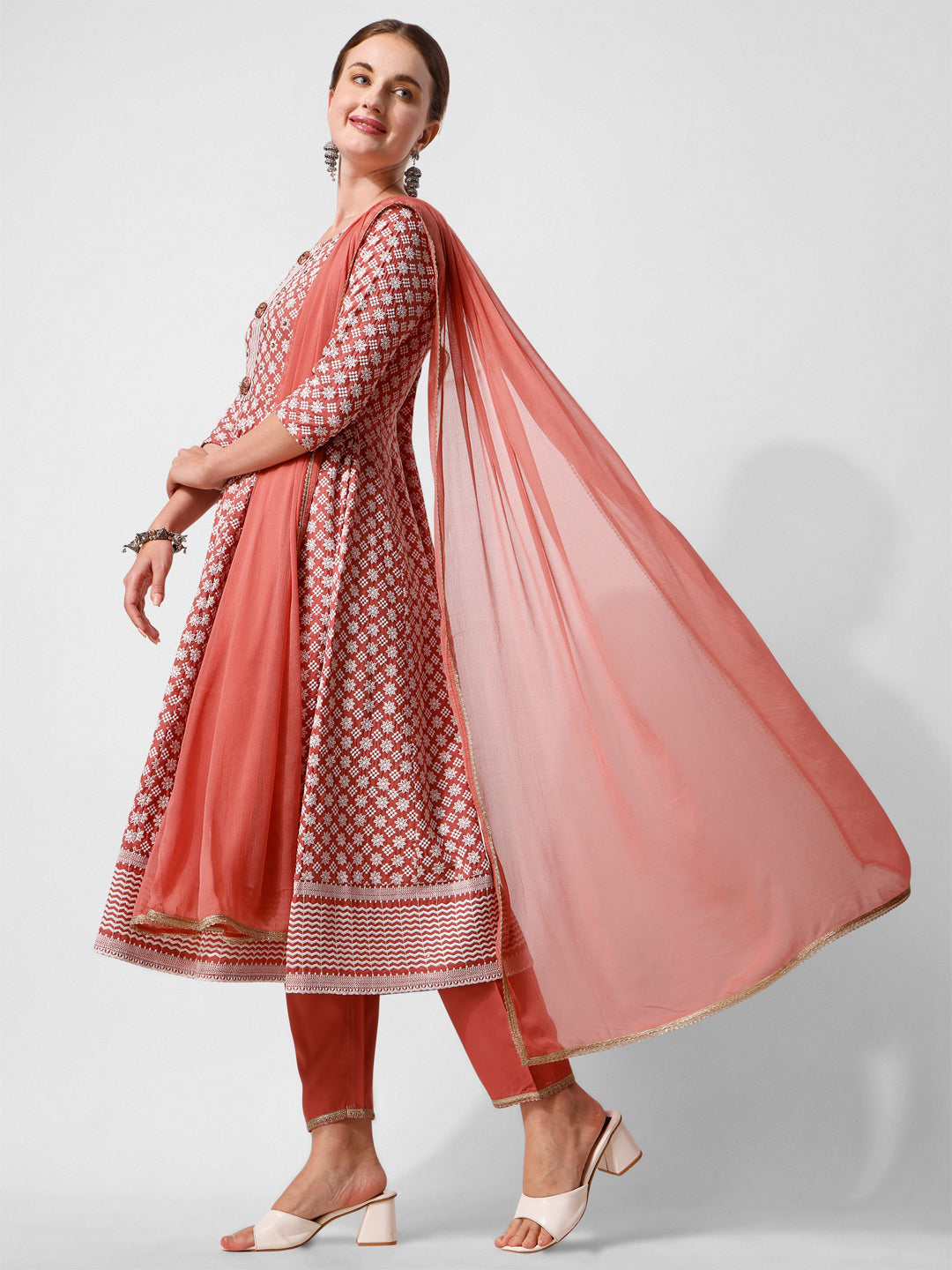 Lucknowi Embroidered Anarkali Kurta With Pant & Dupatta Set, Multicolor - Hiral Fashion