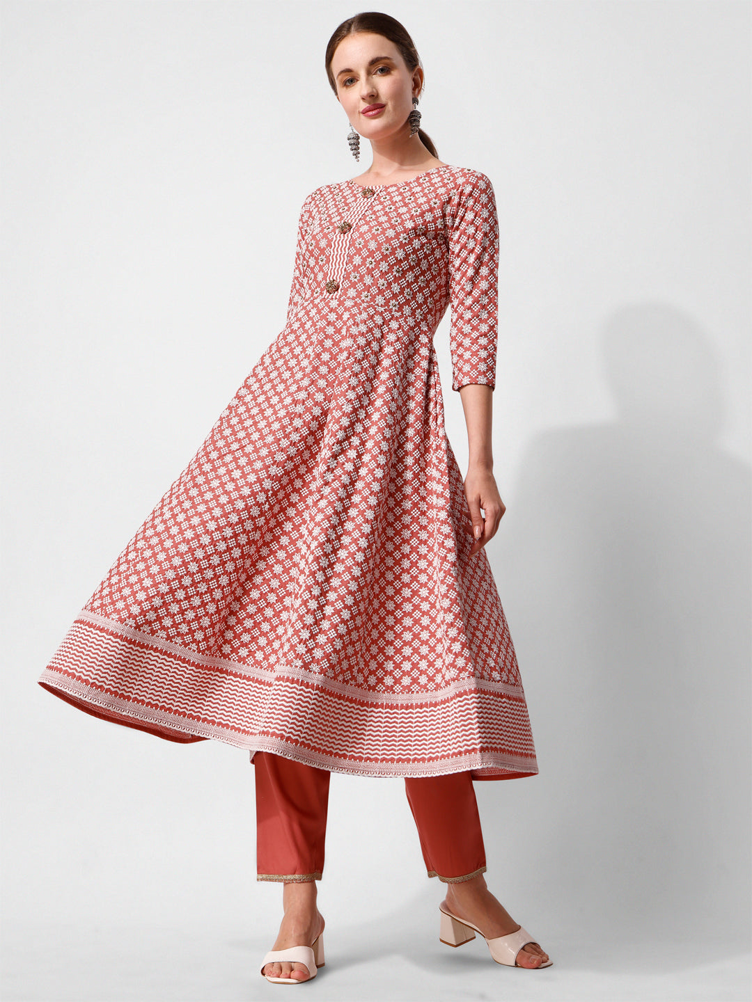 Lucknowi Embroidered Anarkali Kurta With Pant & Dupatta Set, Multicolor - Hiral Fashion