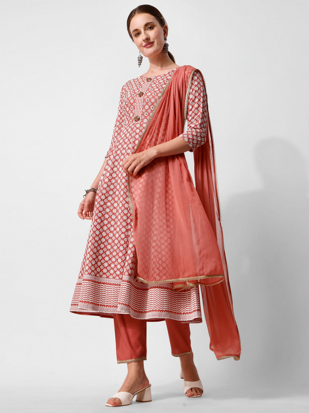 Lucknowi Embroidered Anarkali Kurta With Pant & Dupatta Set, Multicolor - Hiral Fashion