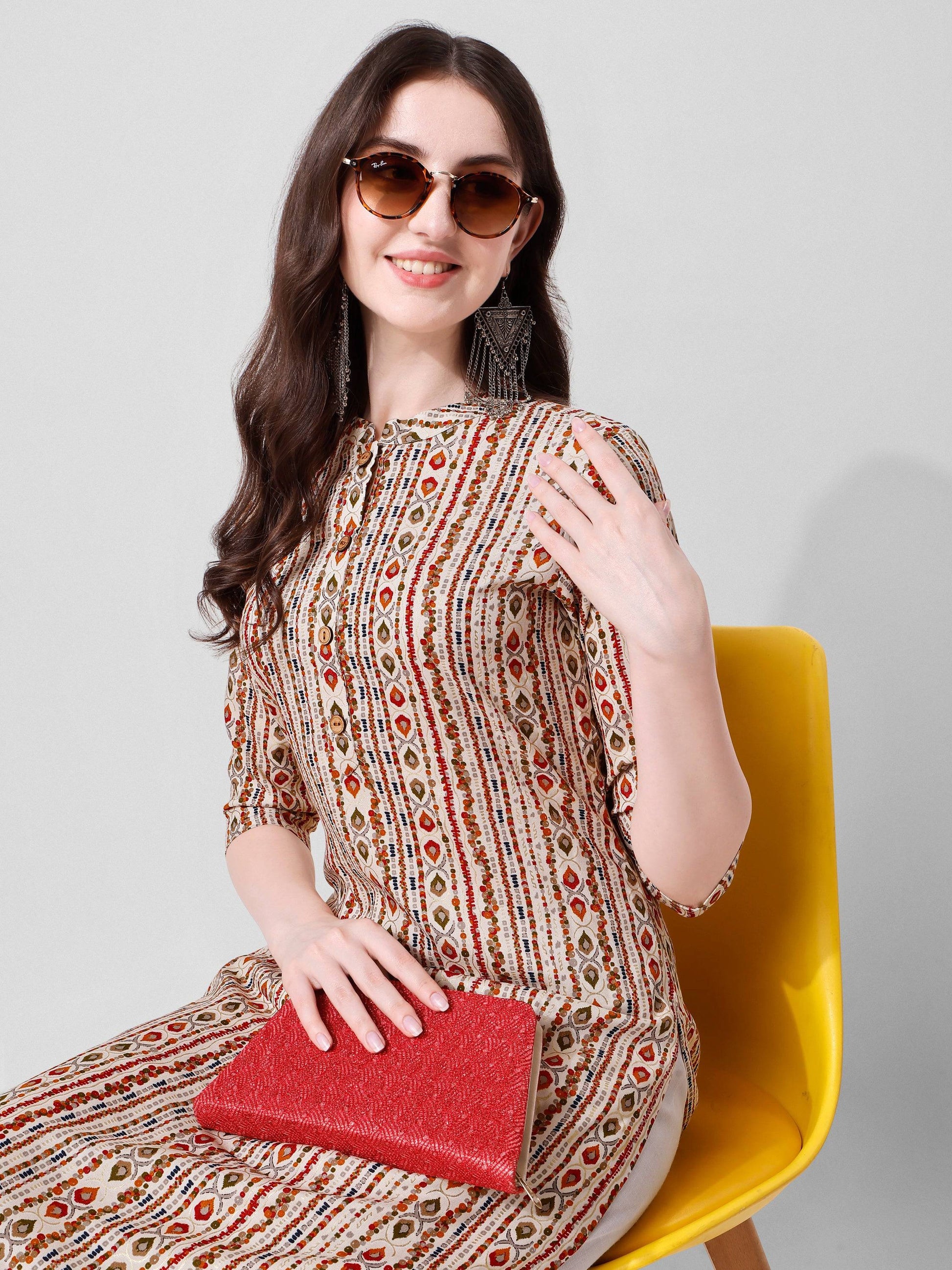 Ethnic Motif Printed Kurta, Multicolor - Hiral Fashion