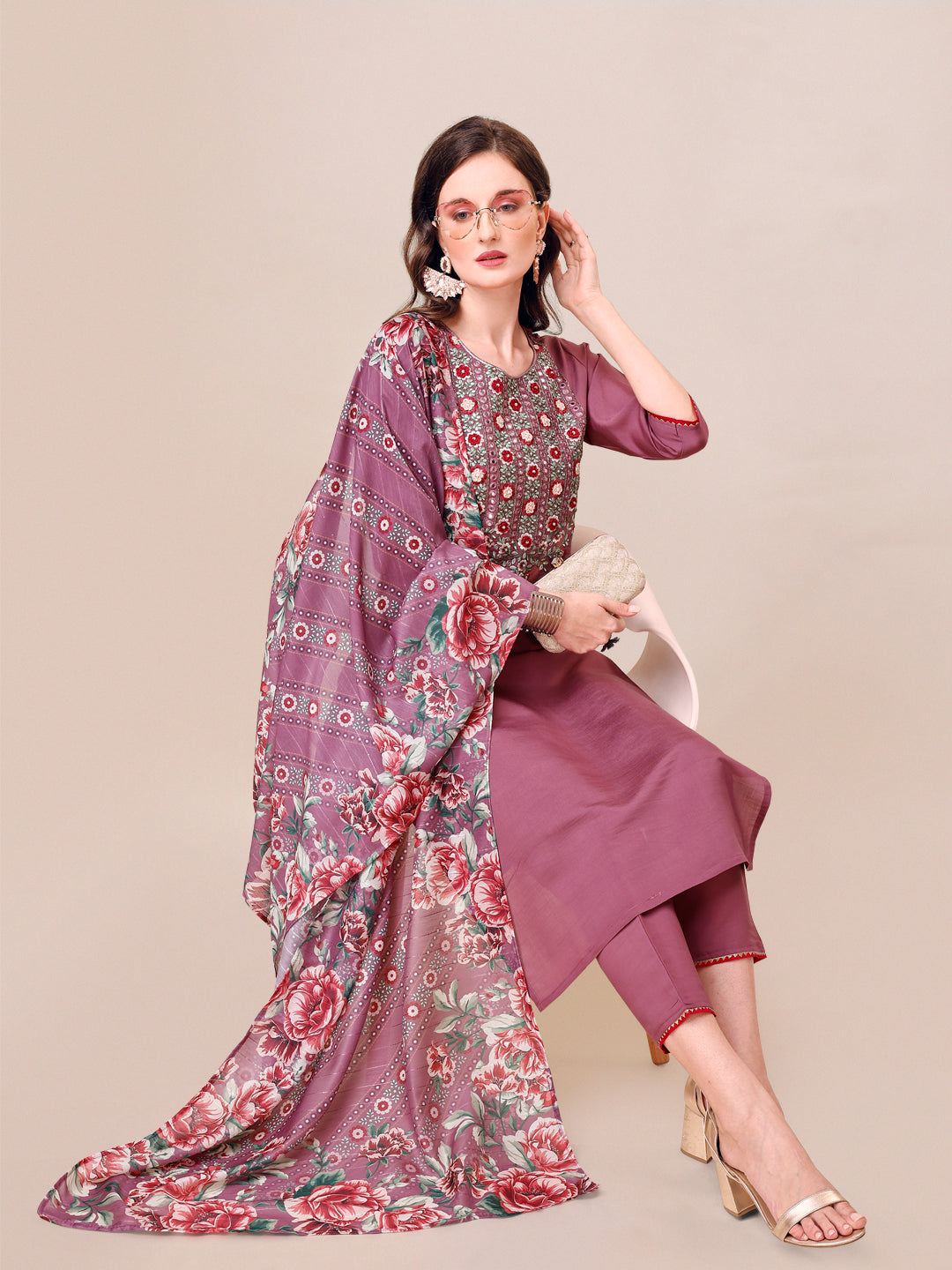 Embroidered Kurta With Pant And Dupatta Set, Multicolor - Hiral Fashion