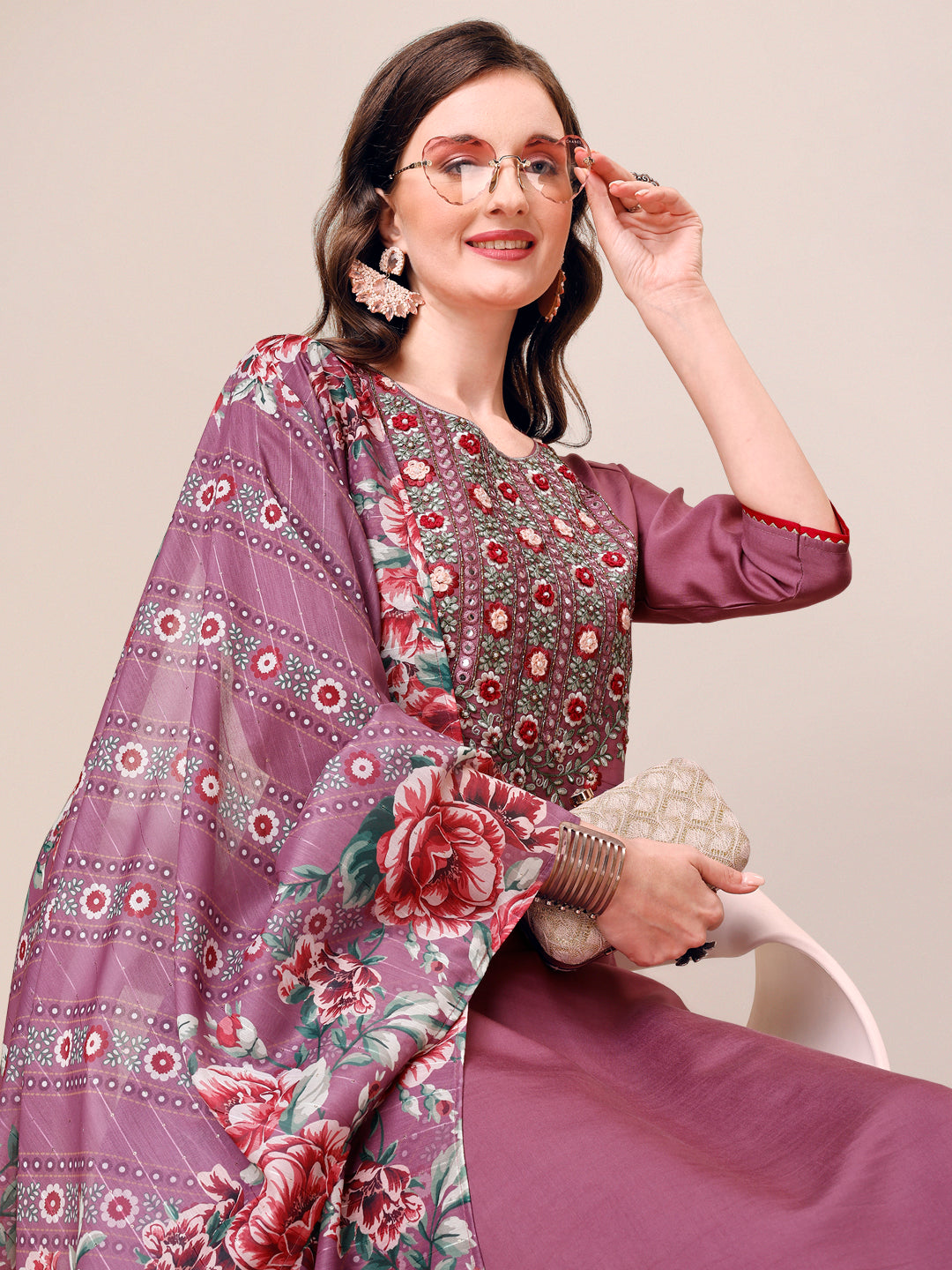 Embroidered Kurta With Pant And Dupatta Set, Multicolor - Hiral Fashion