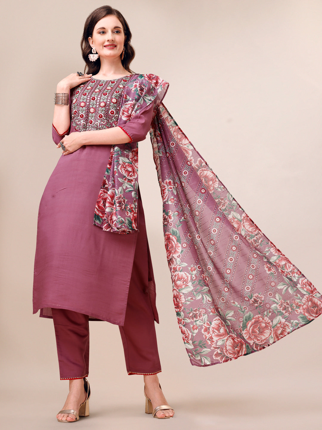 Embroidered Kurta With Pant And Dupatta Set, Multicolor - Hiral Fashion