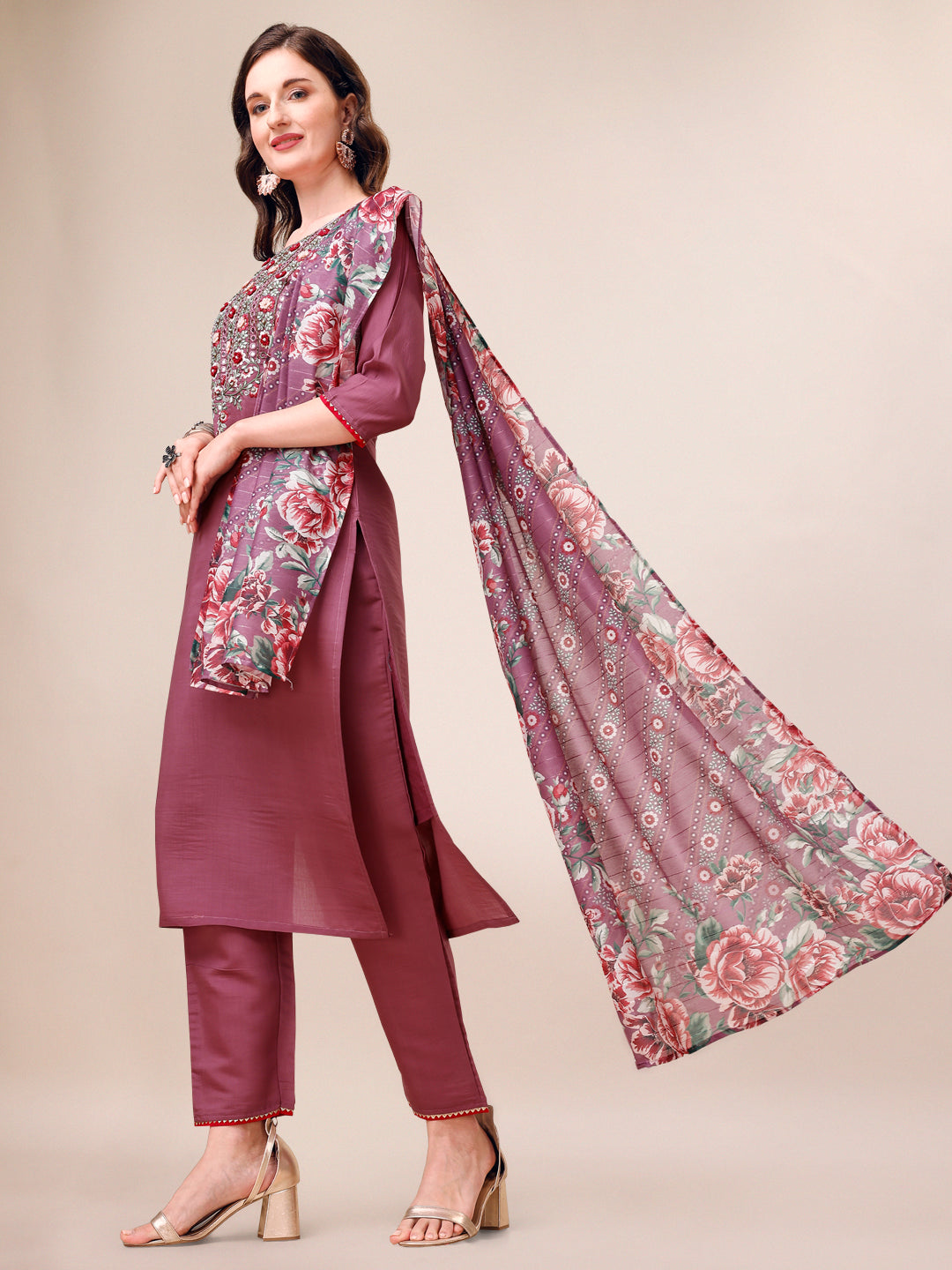 Embroidered Kurta With Pant And Dupatta Set, Multicolor - Hiral Fashion
