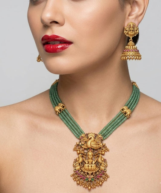 Jewel City Traditional Handcrafted Gold-Plated Long Haram Necklace Set with Pearls & Lakshmi Pendant | Ethnic Bridal Jewelry