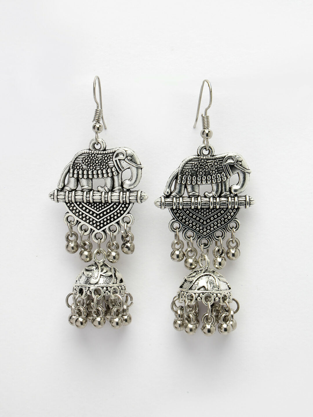 NVR Women's Silver-Toned Elephant Design German Silver Oxidised Dome Shaped Jhumka Earrings 