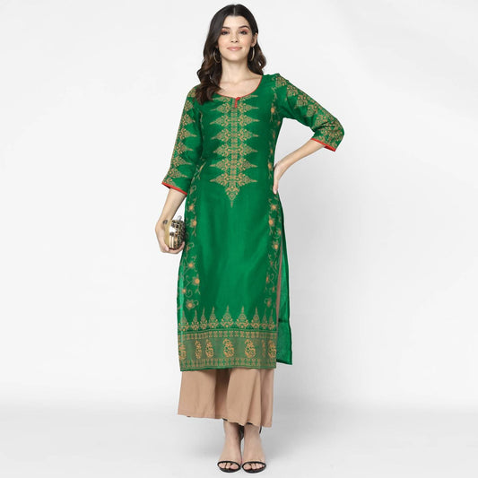 Cheera Hand Block Print Bottle Green Straight Kurta (MAAI-065K)