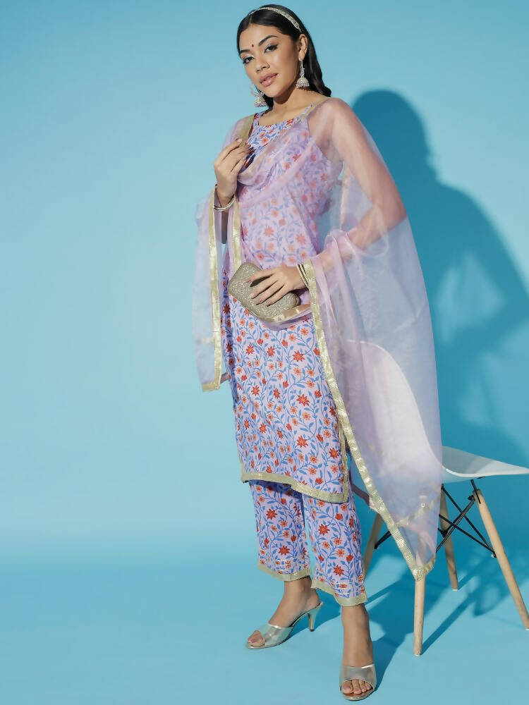 Myshka Women Printed Lavender Kurta & Trousers With Dupatta