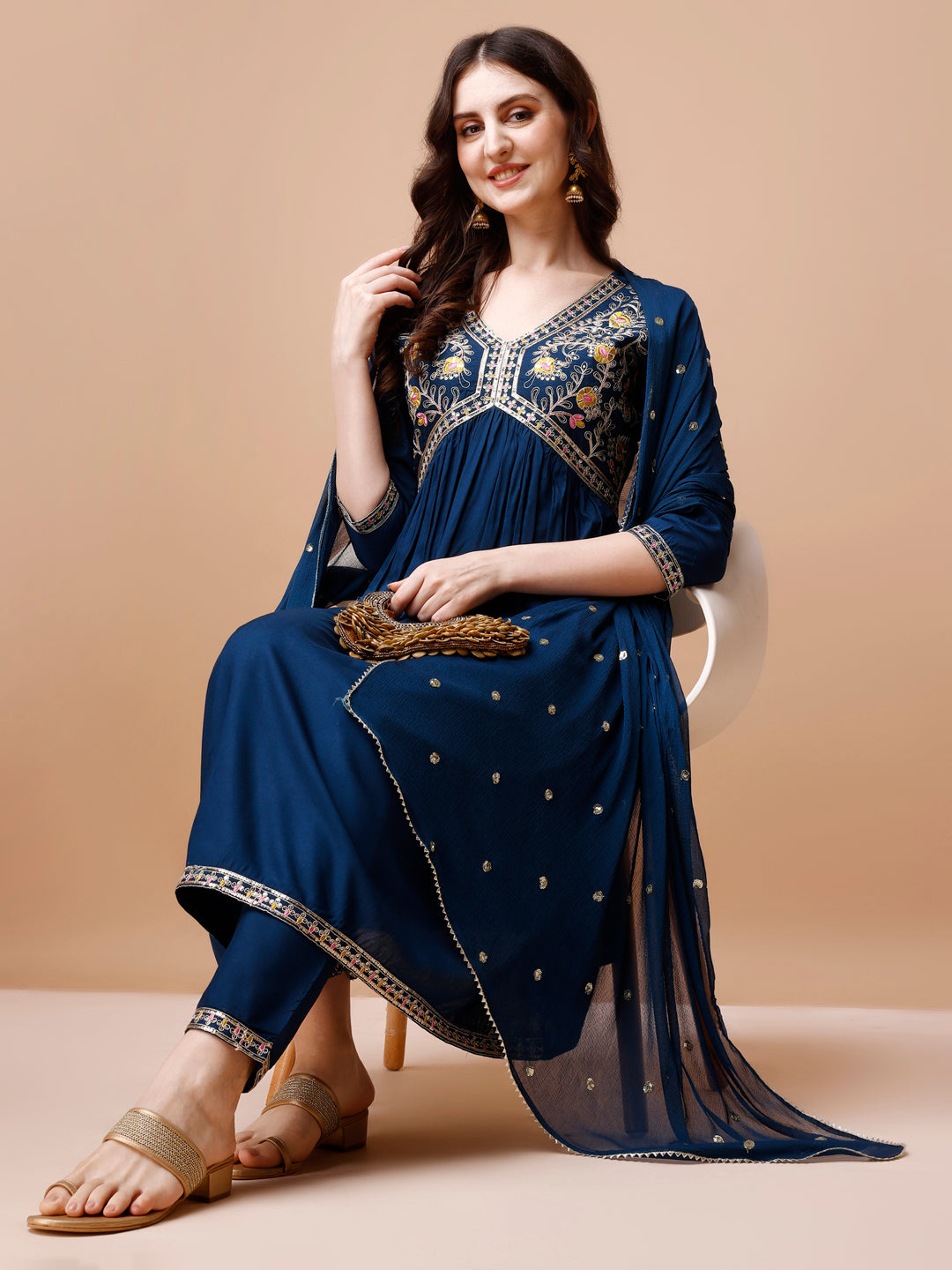 Alia Cut Embroidered Kurta With Pant & Dupatta, Multicolor - Hiral Fashion