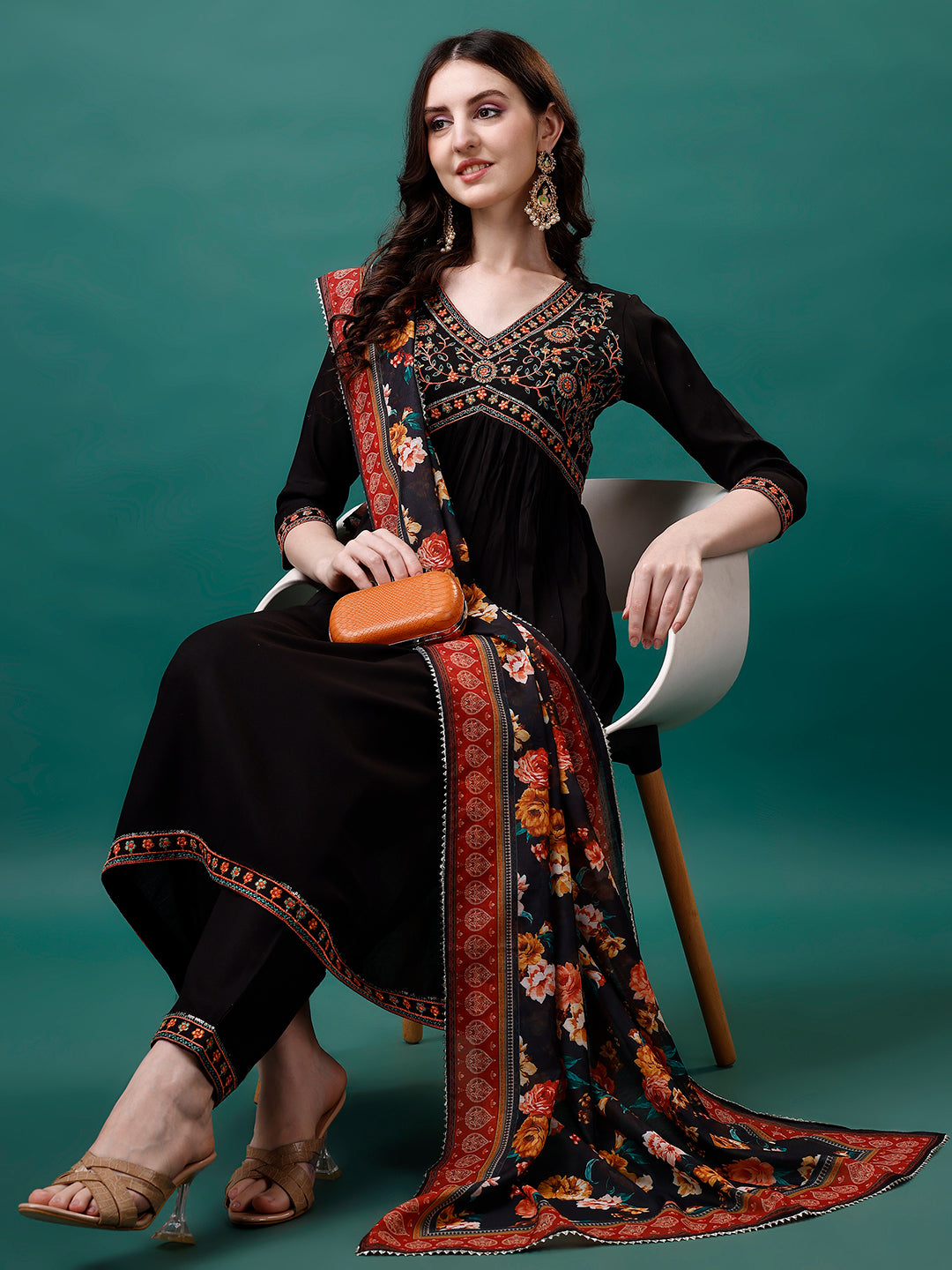 Alia Cut Embroidered Kurta With Pant & Printed Dupatta, Multicolor - Hiral Fashion