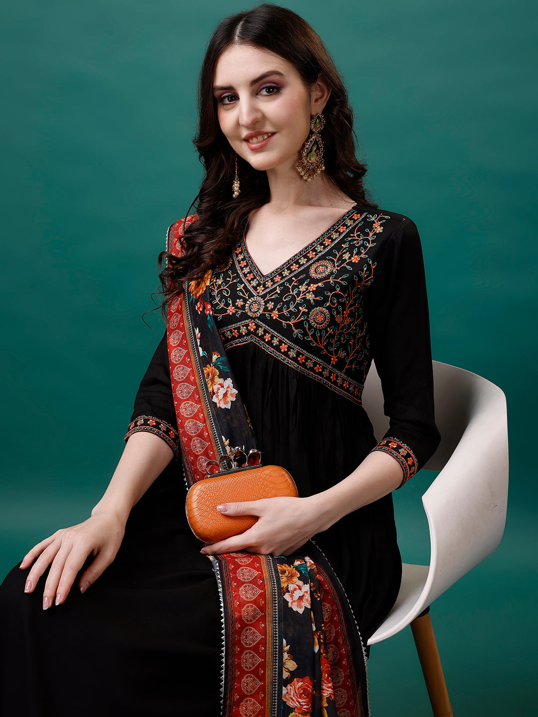 Alia Cut Embroidered Kurta With Pant & Printed Dupatta, Multicolor - Hiral Fashion