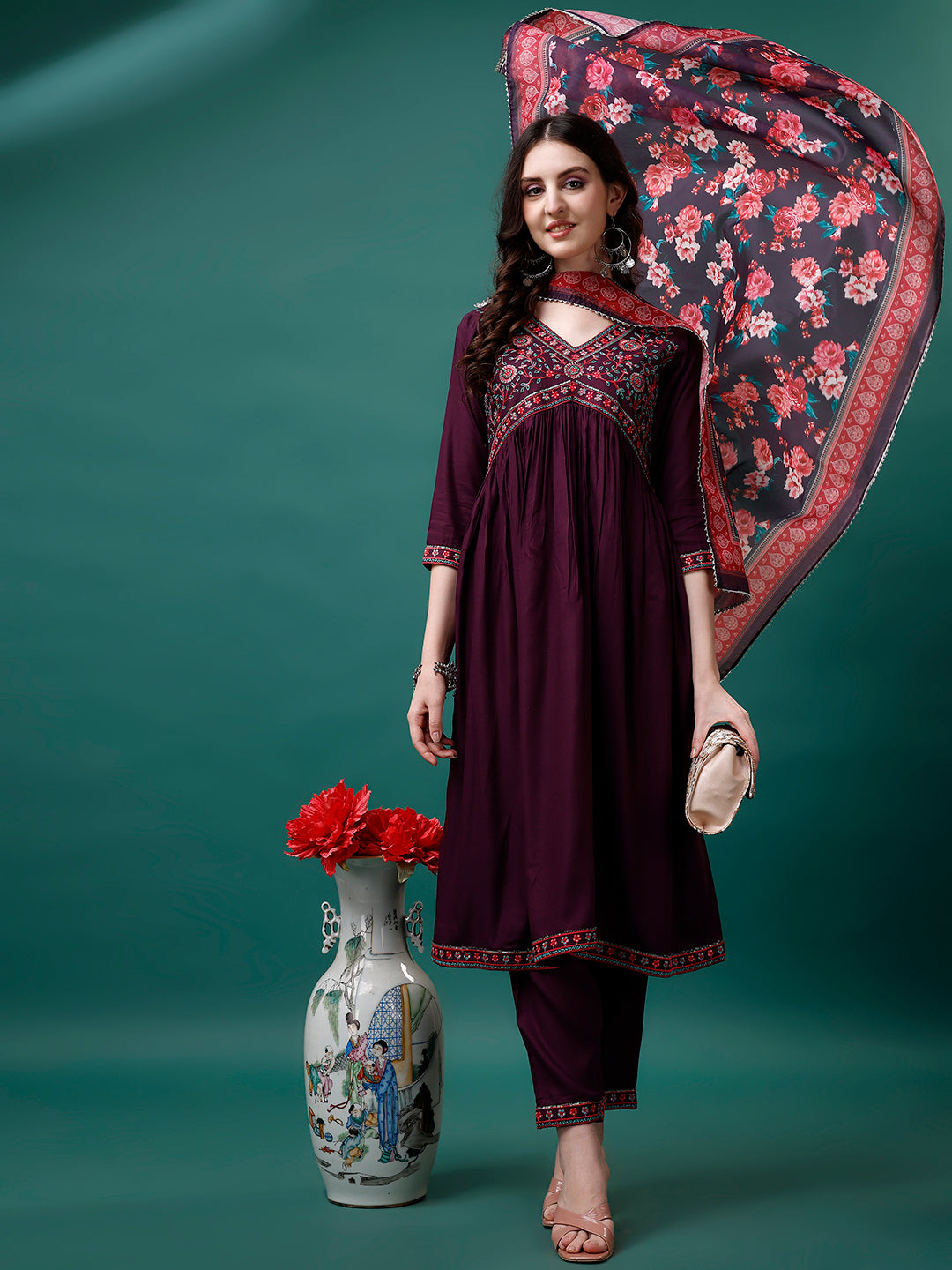 Alia Cut Embroidered Kurta With Pant & Printed Dupatta, Multicolor - Hiral Fashion