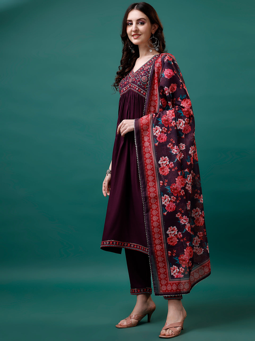 Alia Cut Embroidered Kurta With Pant & Printed Dupatta, Multicolor - Hiral Fashion