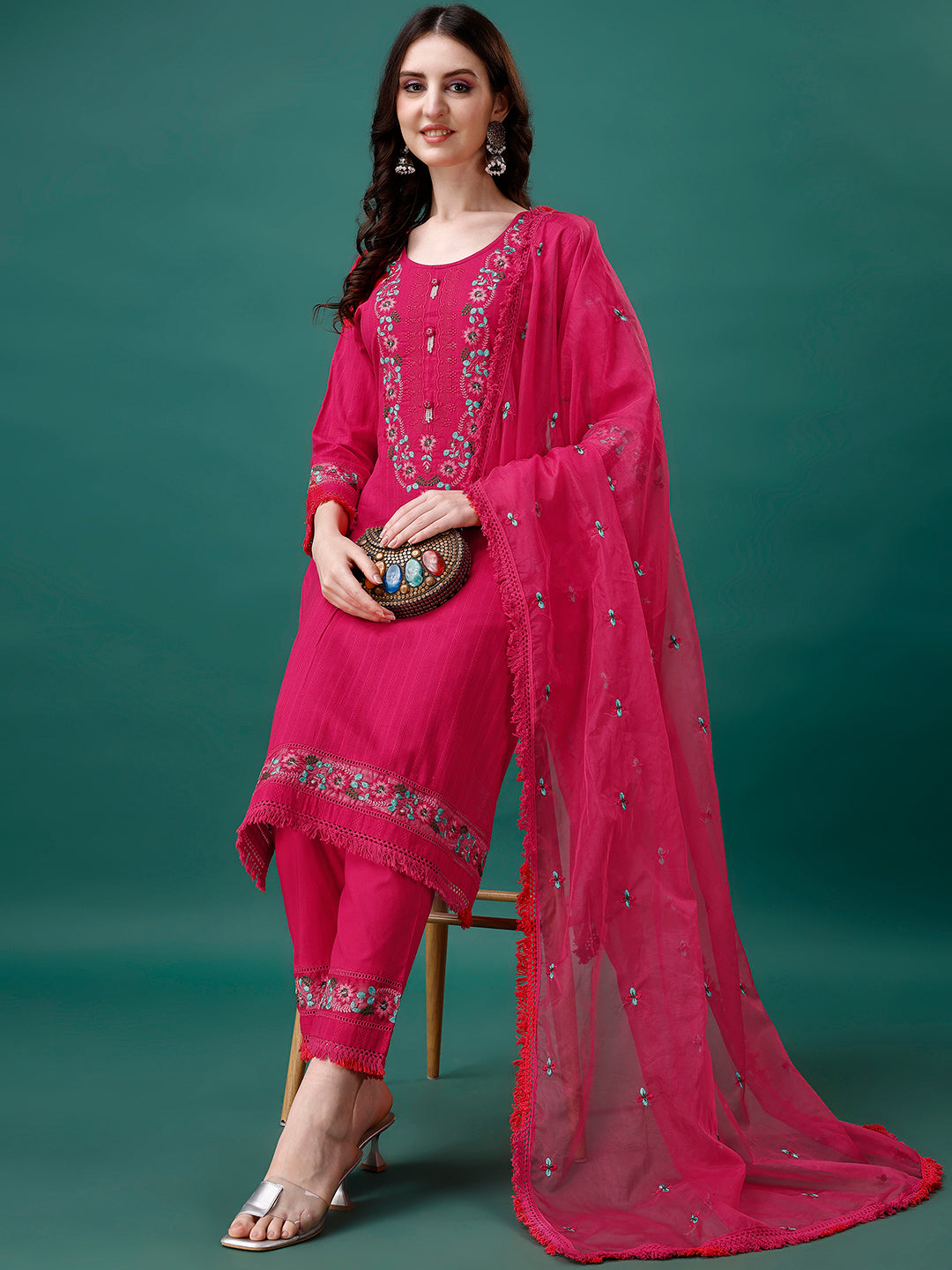 Embroidered Kurta With Pant & Embroidered Organza Dupatta, Multicolor - Hiral Fashion