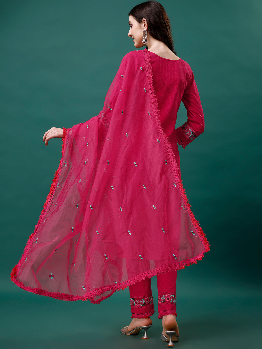 Embroidered Kurta With Pant & Embroidered Organza Dupatta, Multicolor - Hiral Fashion