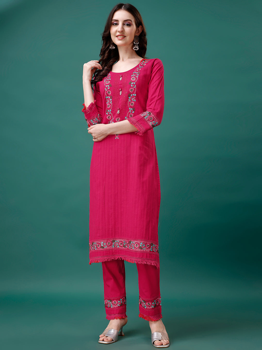 Embroidered Kurta With Pant & Embroidered Organza Dupatta, Multicolor - Hiral Fashion