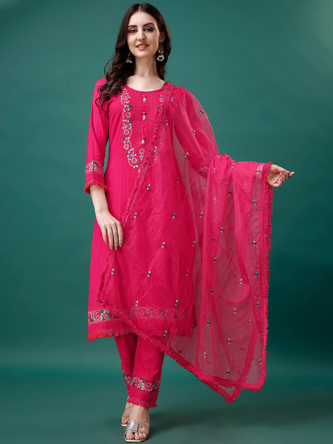 Embroidered Kurta With Pant & Embroidered Organza Dupatta, Multicolor - Hiral Fashion