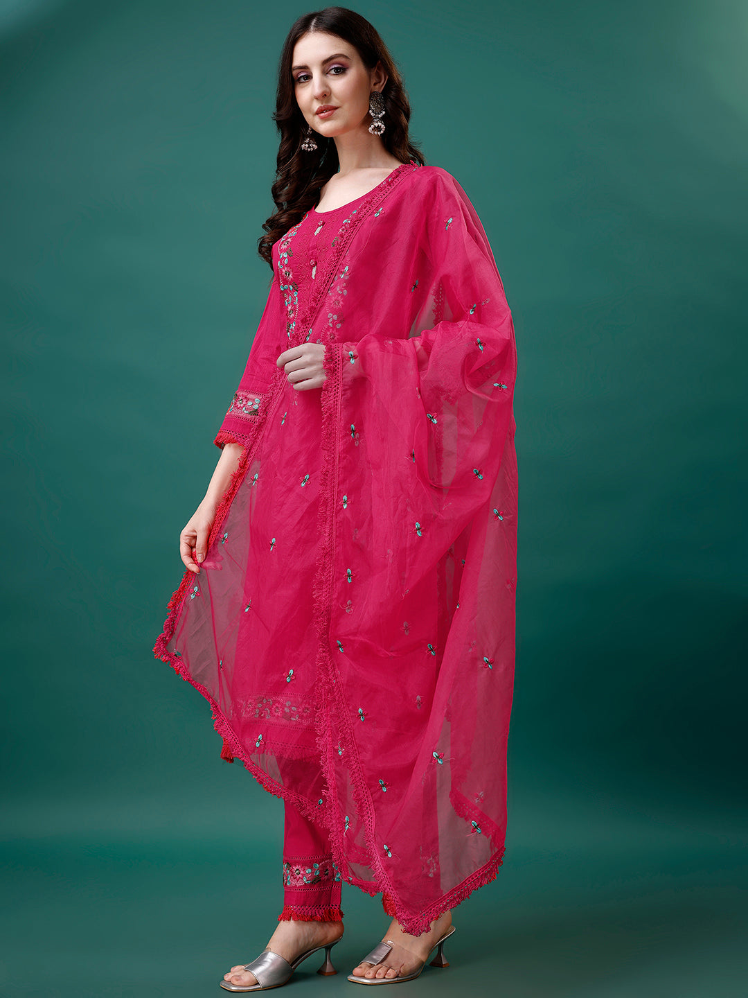 Embroidered Kurta With Pant & Embroidered Organza Dupatta, Multicolor - Hiral Fashion