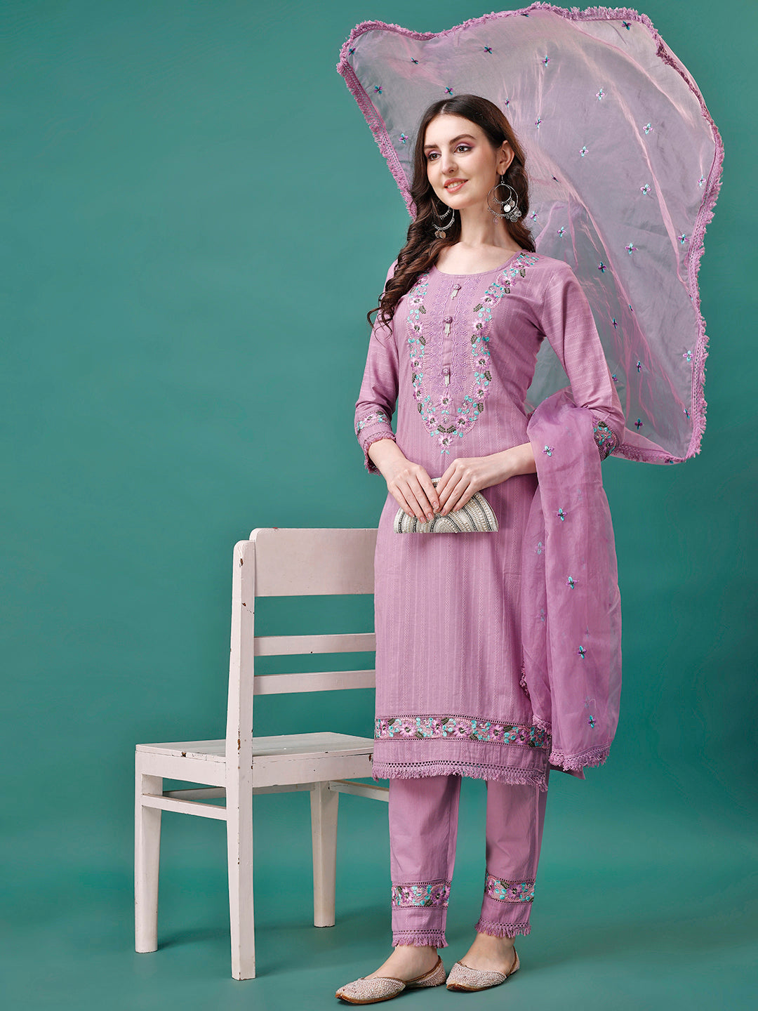 Embroidered Kurta With Pant & Embroidered Organza Dupatta, Multicolor - Hiral Fashion
